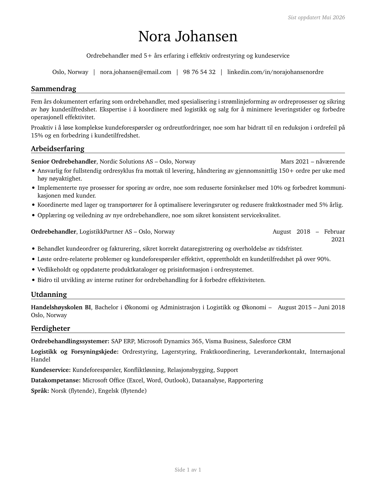 Order Clerks CV in Norwegian_bokmal — page 1