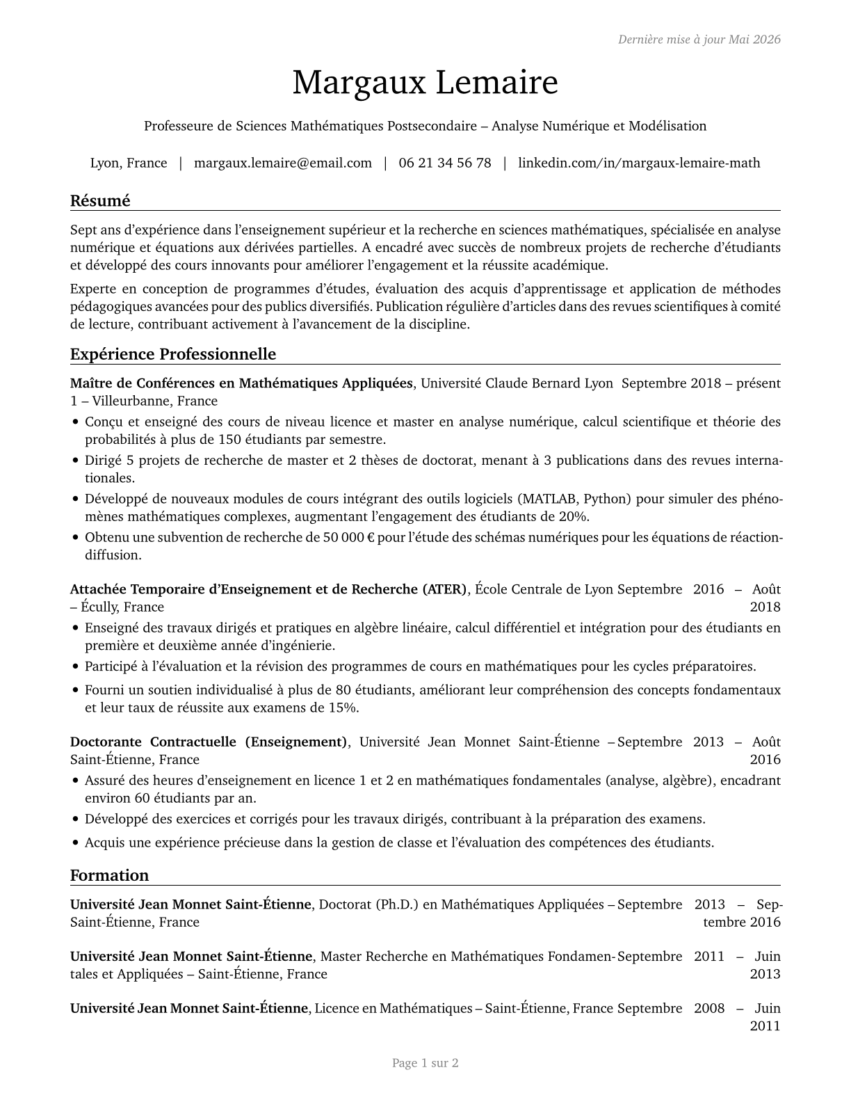 Mathematical Science Teachers, Postsecondary CV in French — page 1