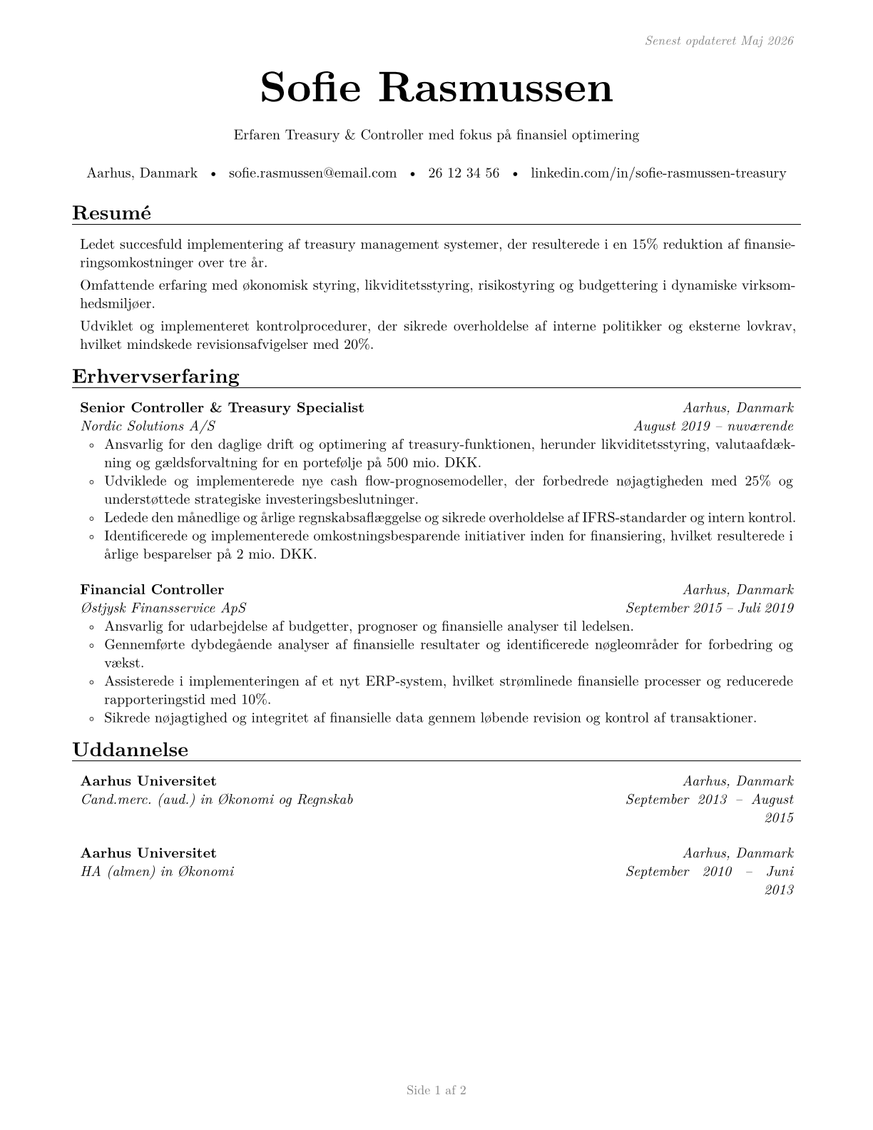 Treasurers and Controllers CV in Danish — page 1