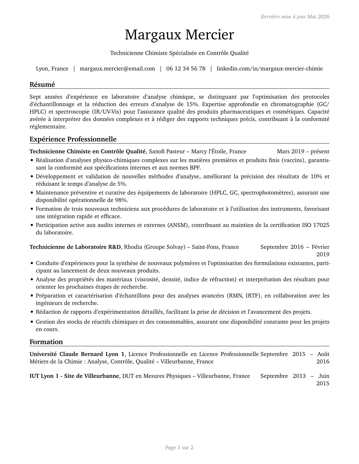 Chemical Technicians CV in French — page 1