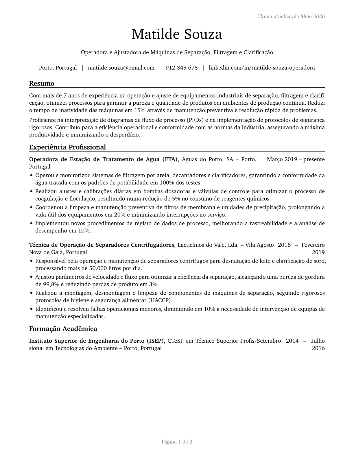 Separating, Filtering, Clarifying, Precipitating, and Still Machine Setters, Operators, and Tenders CV in Portuguese — page 1