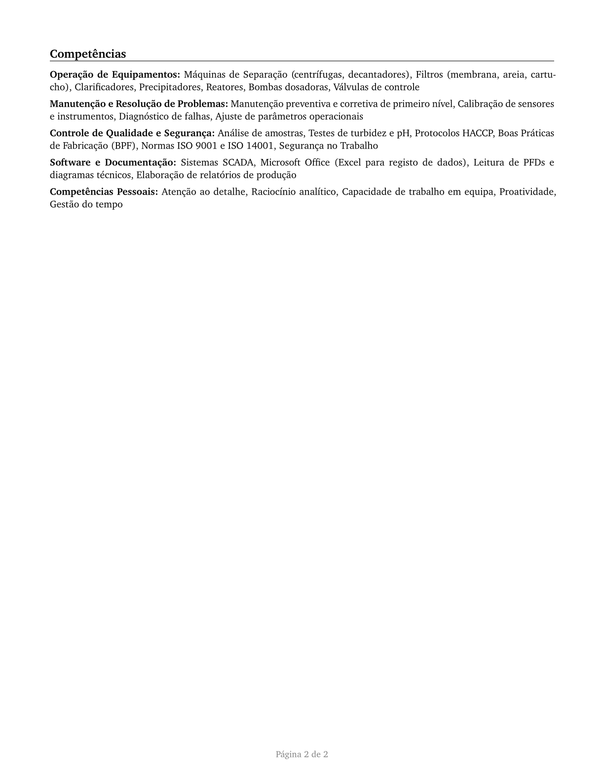 Separating, Filtering, Clarifying, Precipitating, and Still Machine Setters, Operators, and Tenders CV in Portuguese — page 2