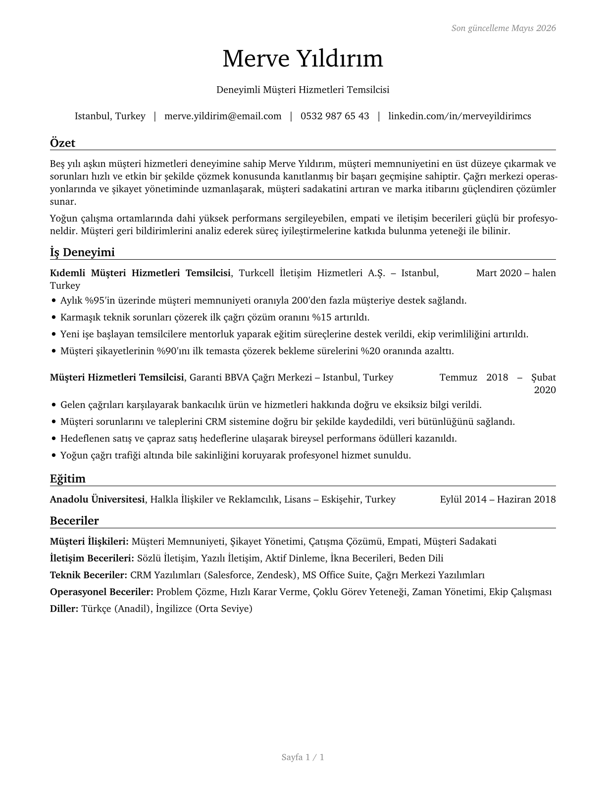 Customer Service Representatives CV in Turkish — page 1