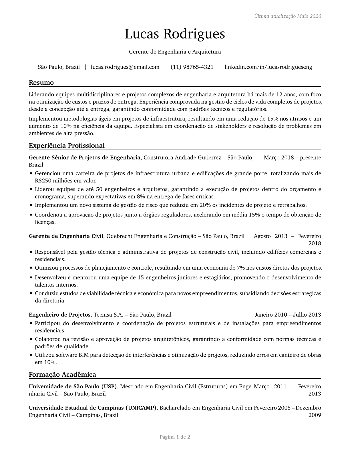 Architectural and Engineering Managers CV in Portuguese — page 1