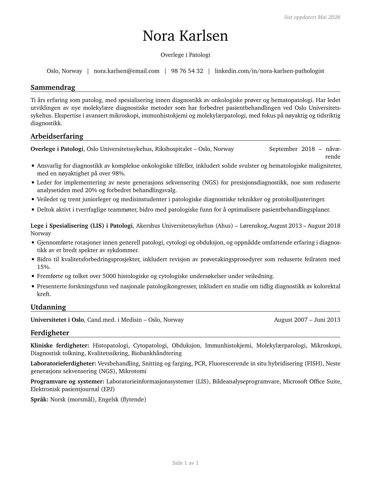 Physicians, Pathologists CV in Norwegian_bokmal — page 1