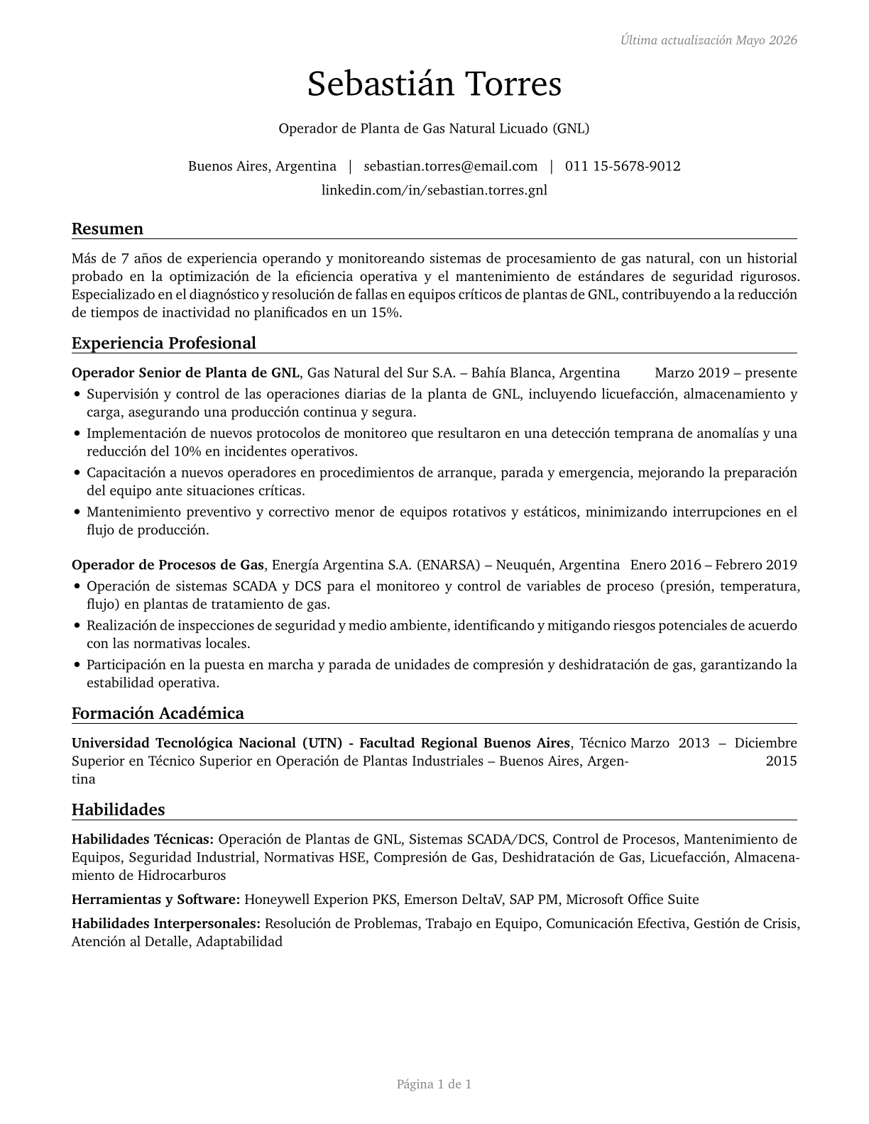 Gas Plant Operators CV in Spanish — page 1