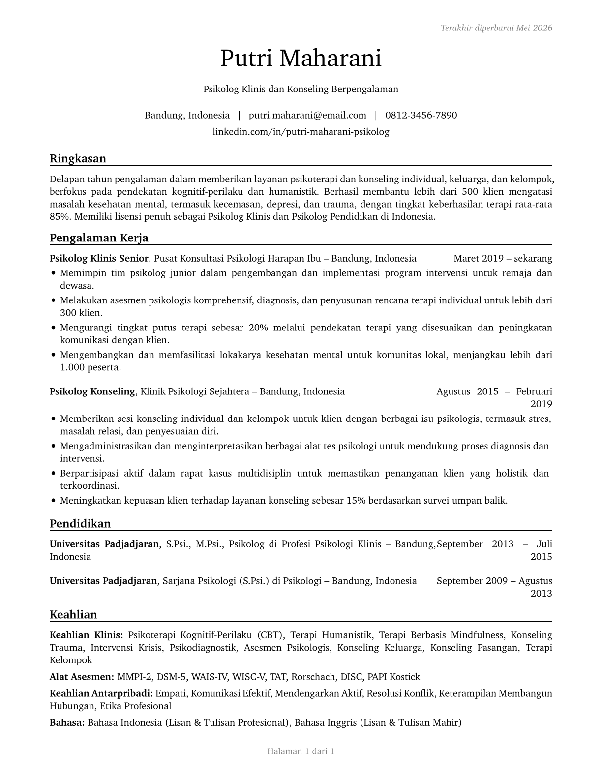 Clinical and Counseling Psychologists CV in Indonesian — page 1