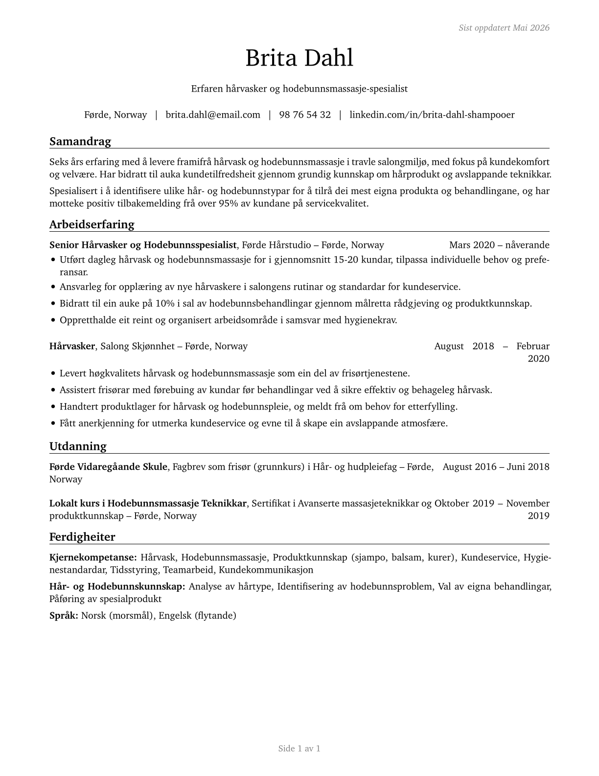 Shampooers CV in Norwegian_nynorsk — page 1