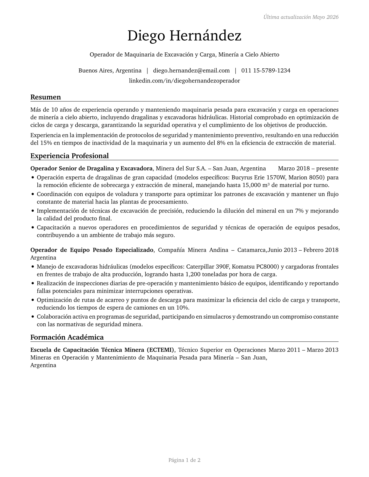 Excavating and Loading Machine and Dragline Operators, Surface Mining CV in Spanish — page 1