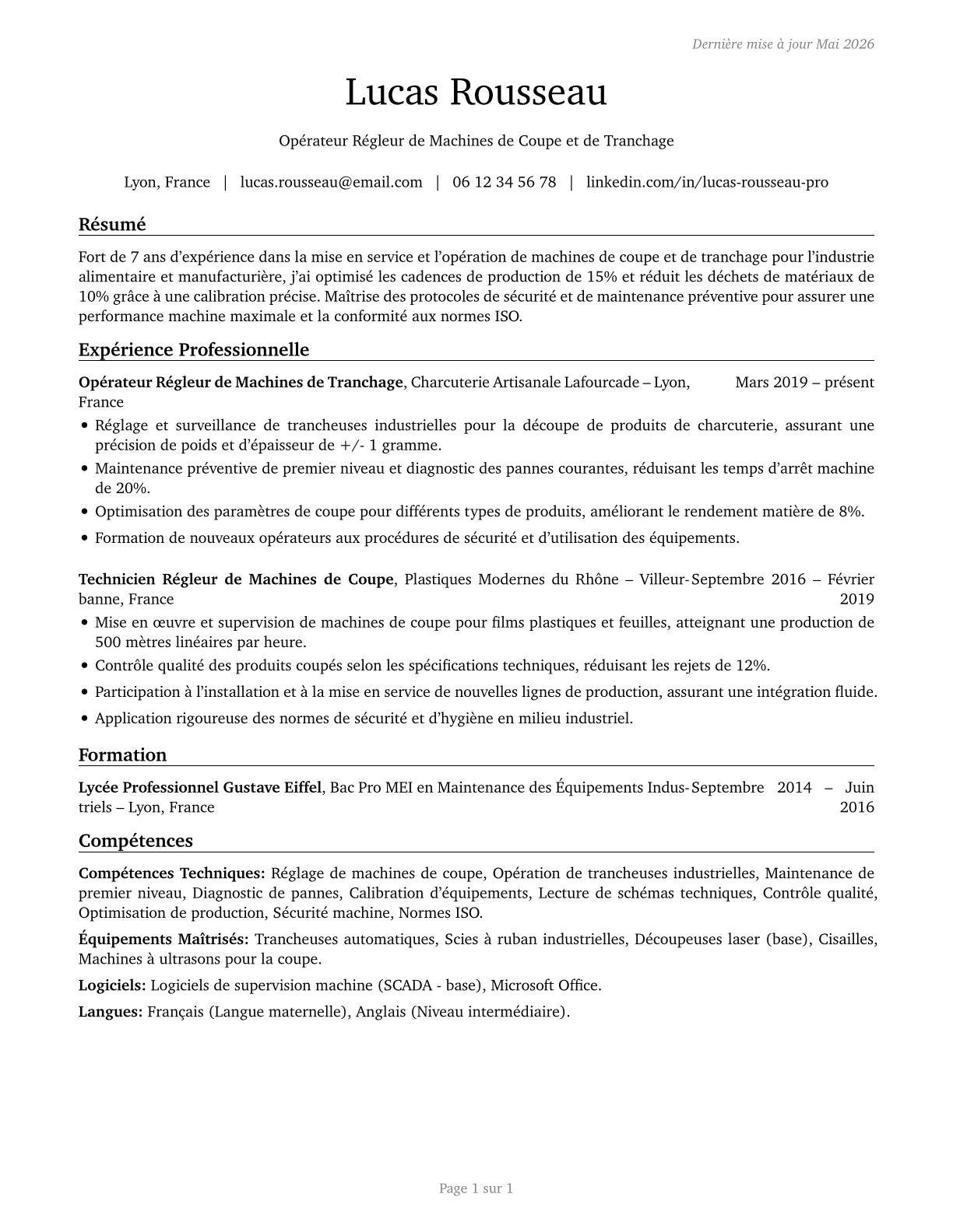 Cutting and Slicing Machine Setters, Operators, and Tenders CV in French — page 1