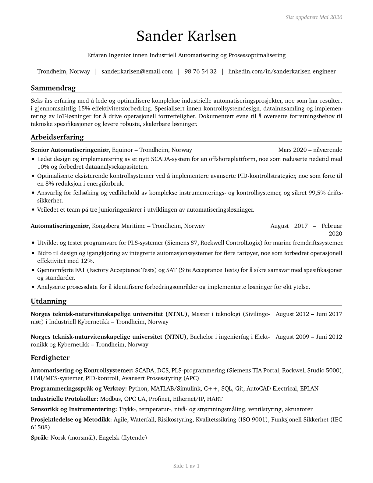 Engineers, All Other CV in Norwegian_bokmal — page 1