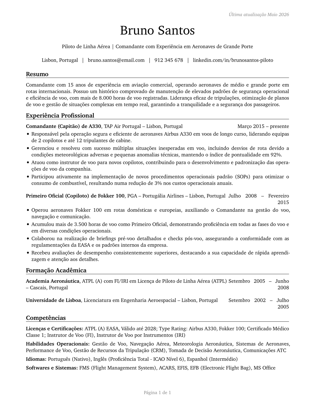Airline Pilots, Copilots, and Flight Engineers CV in Portuguese — page 1