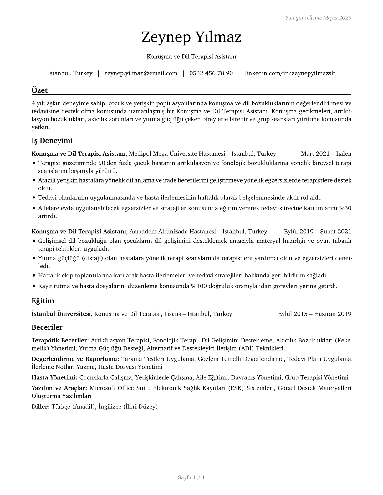 Speech-Language Pathology Assistants CV in Turkish — page 1
