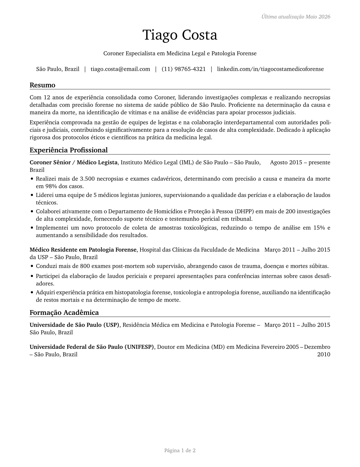 Coroners CV in Portuguese — page 1