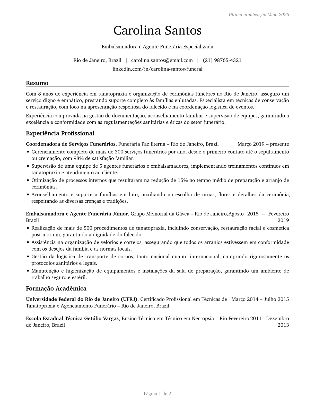 Morticians, Undertakers, and Funeral Arrangers CV in Portuguese — page 1