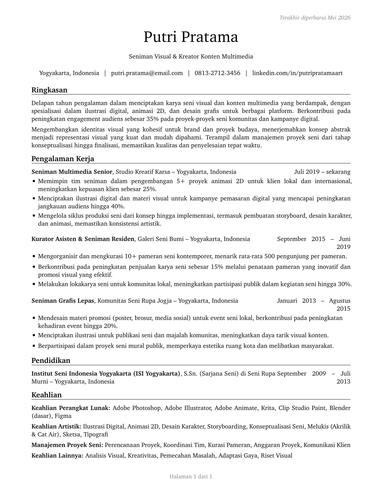 Artists and Related Workers, All Other CV in Indonesian — page 1