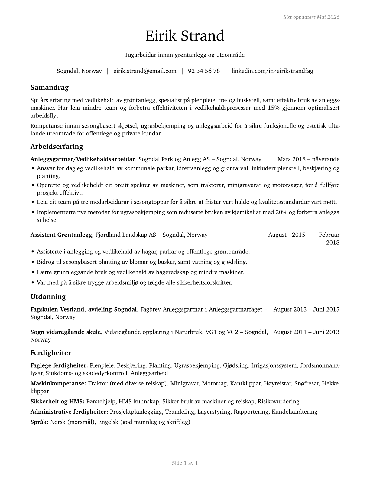 Grounds Maintenance Workers, All Other CV in Norwegian_nynorsk — page 1