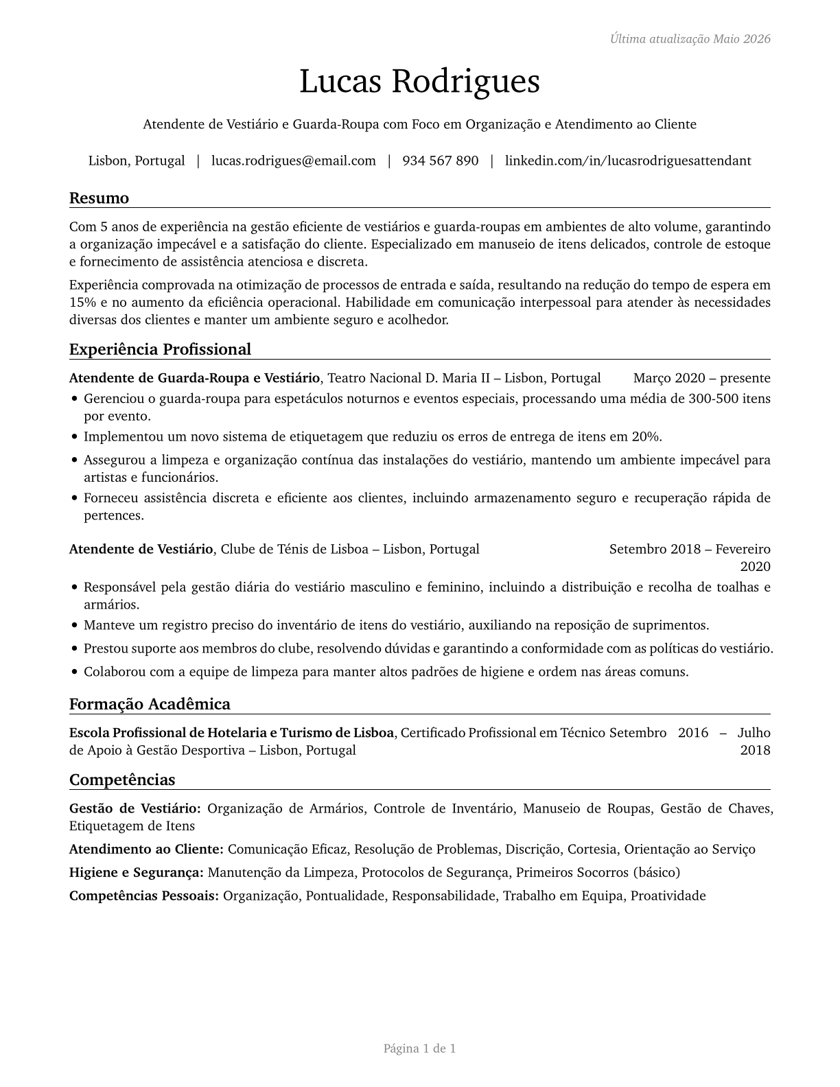 Locker Room, Coatroom, and Dressing Room Attendants CV in Portuguese — page 1