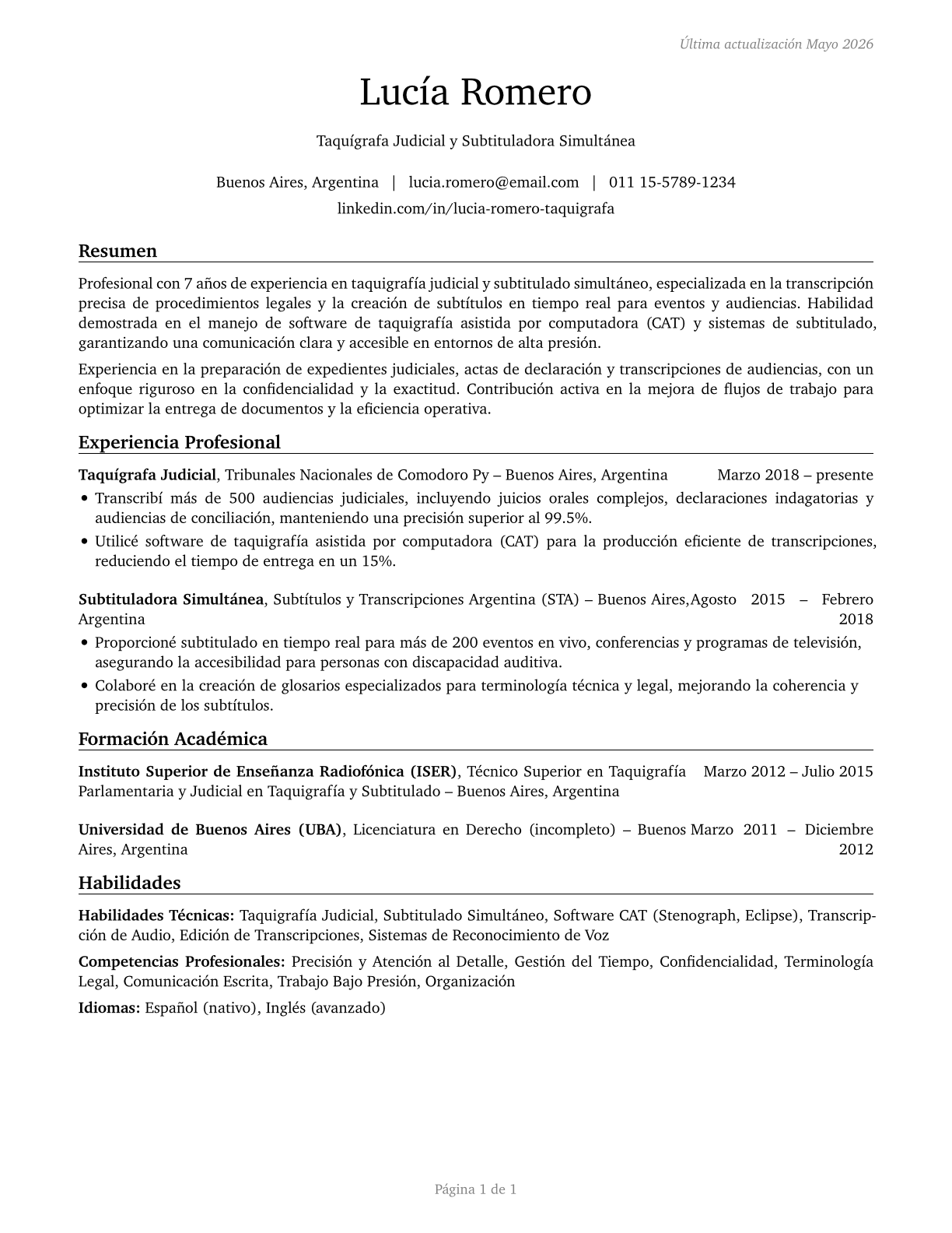 Court Reporters and Simultaneous Captioners CV in Spanish — page 1