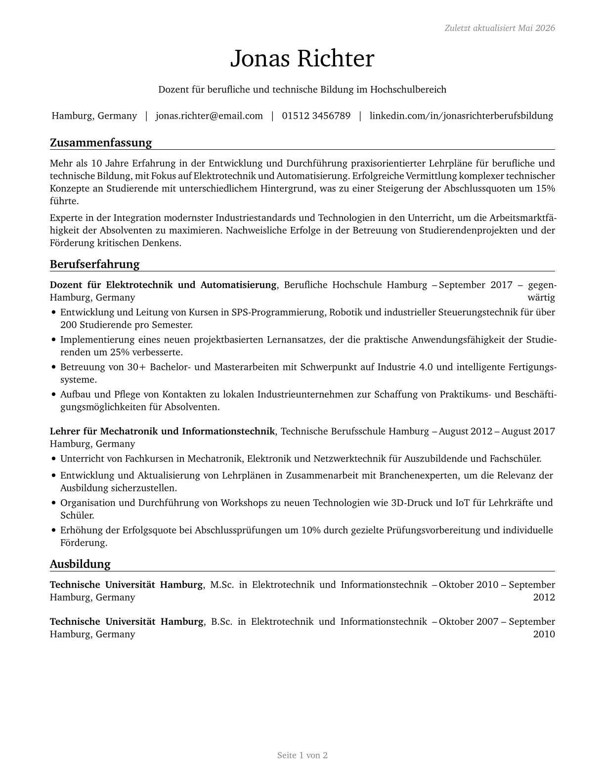 Career/Technical Education Teachers, Postsecondary CV in German — page 1