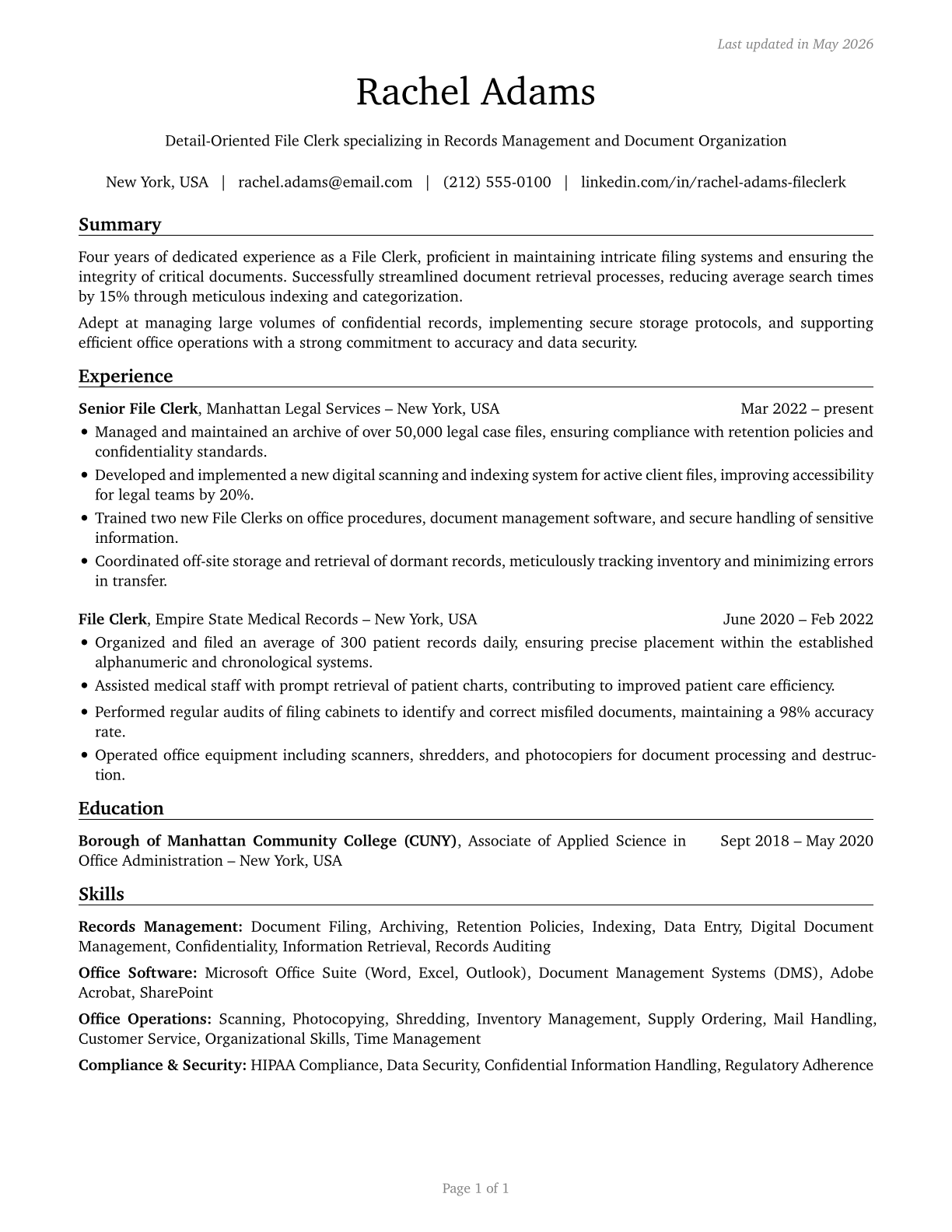 File Clerks CV in English — page 1