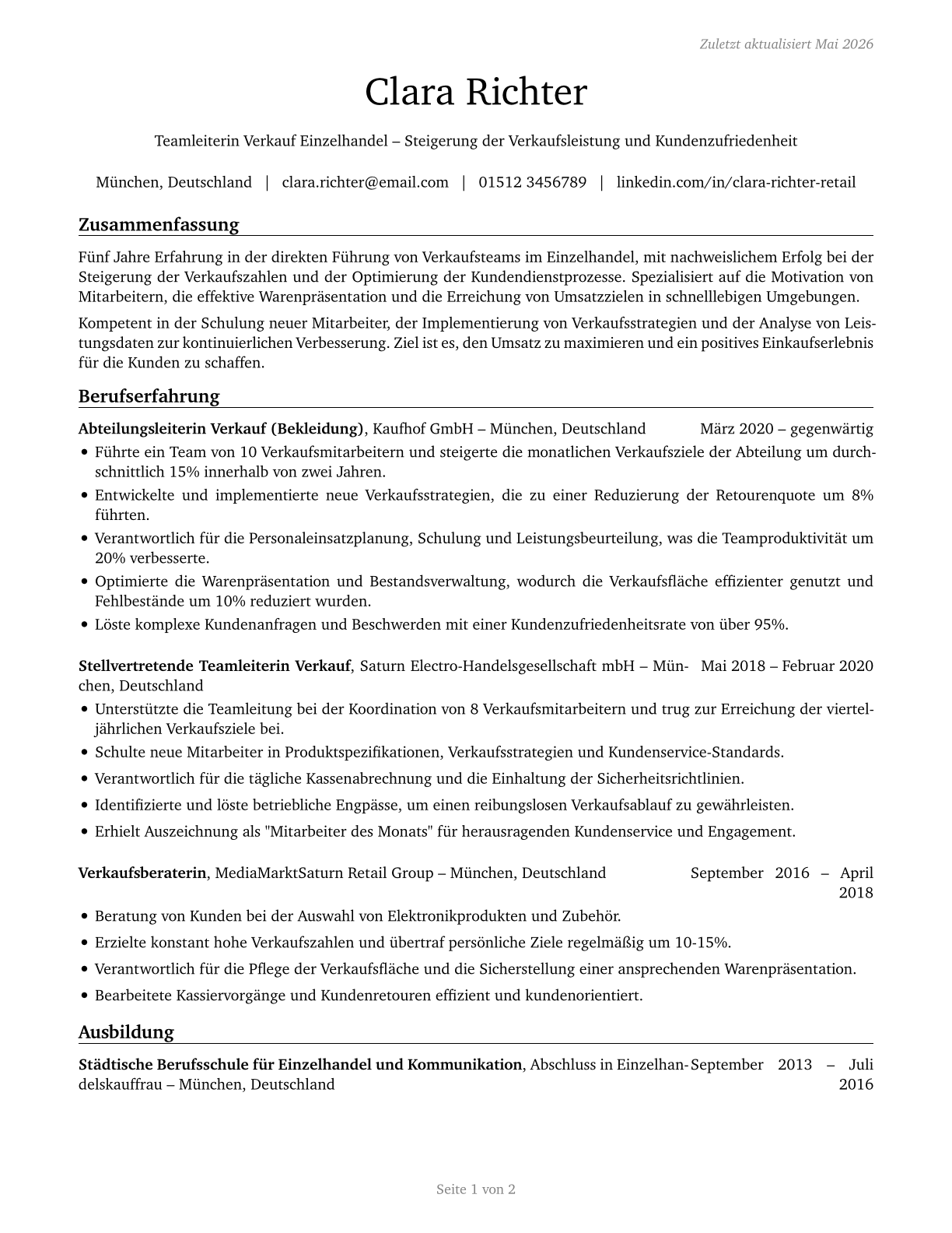 First-Line Supervisors of Retail Sales Workers CV in German — page 1