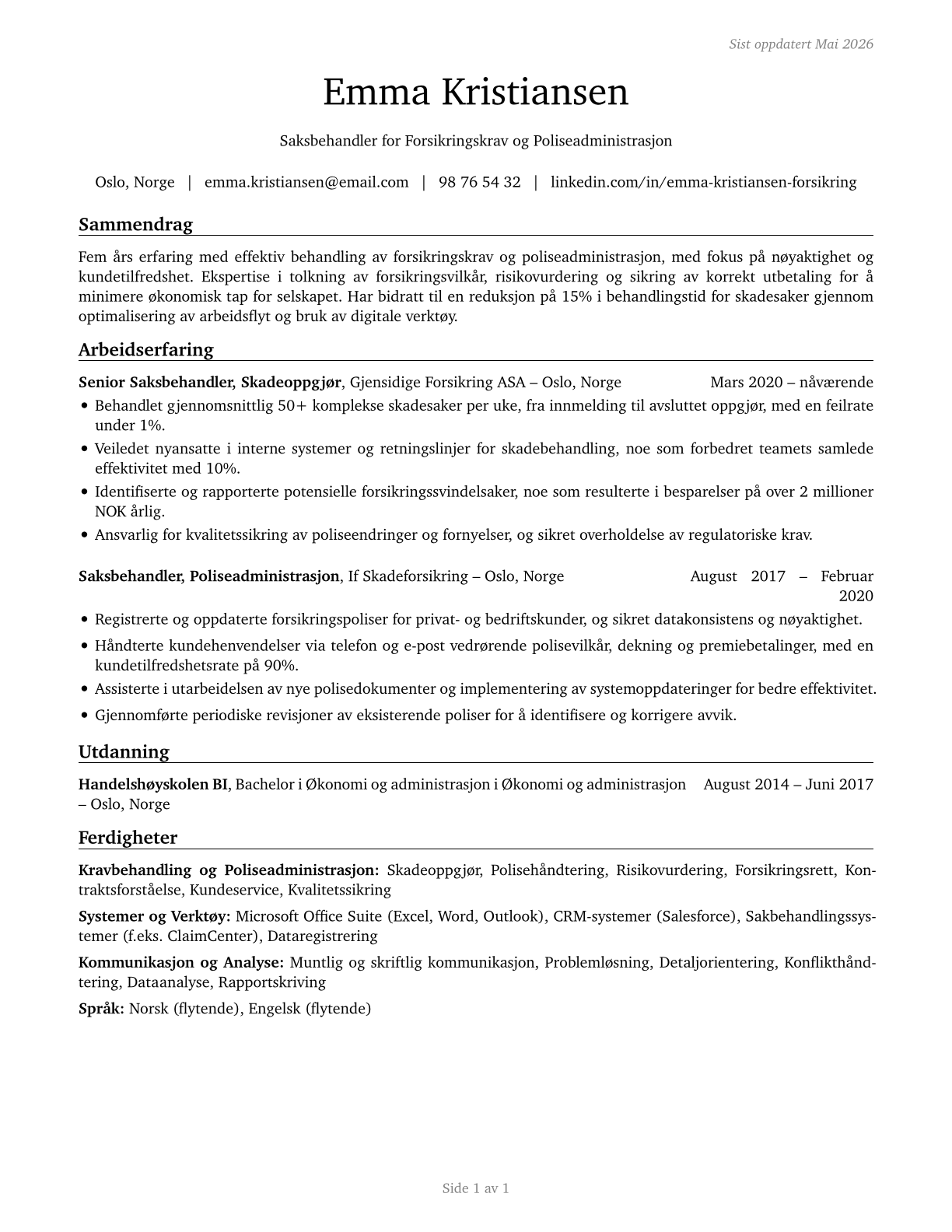 Insurance Claims and Policy Processing Clerks CV in Norwegian_bokmal — page 1