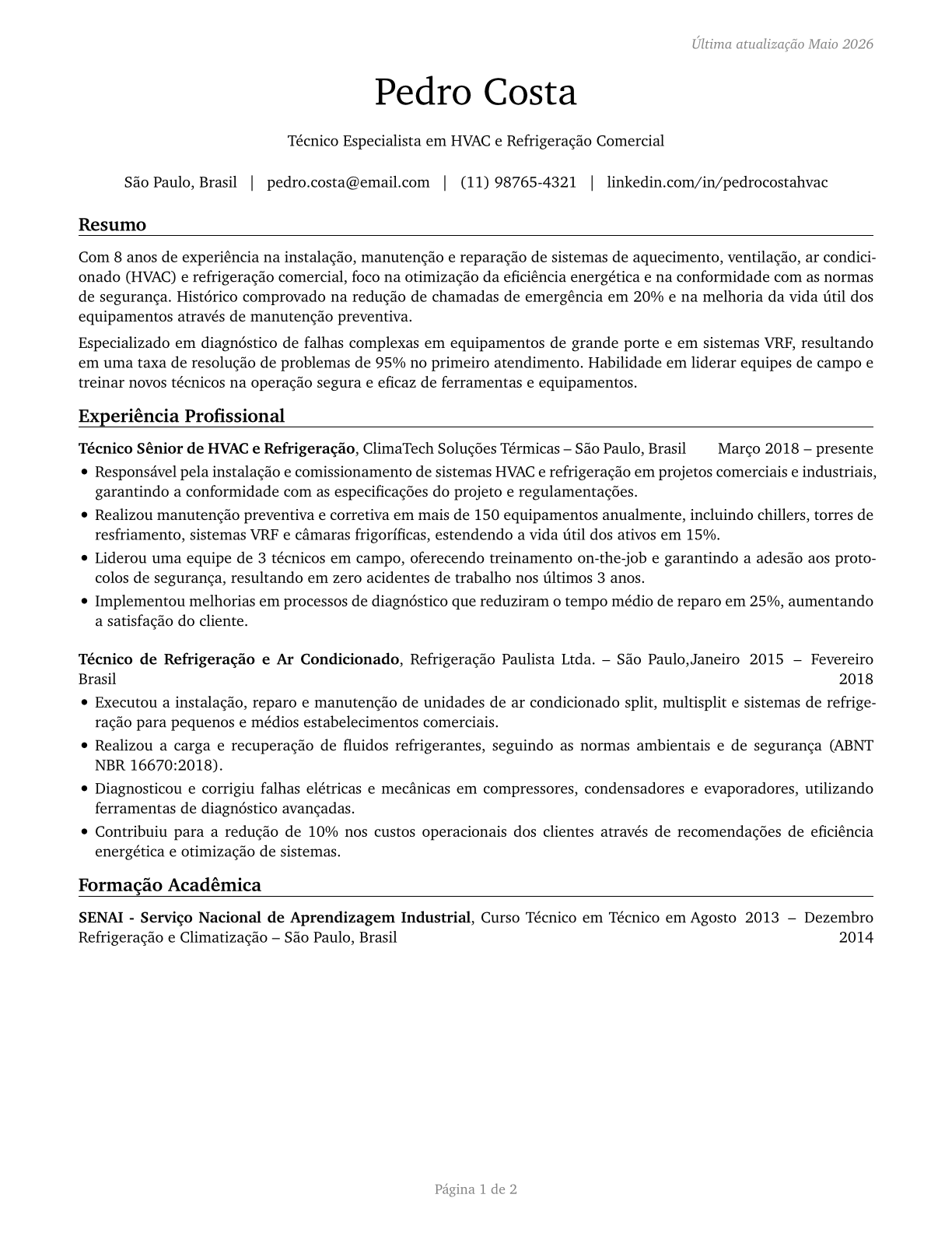 Heating, Air Conditioning, and Refrigeration Mechanics and Installers CV in Portuguese — page 1