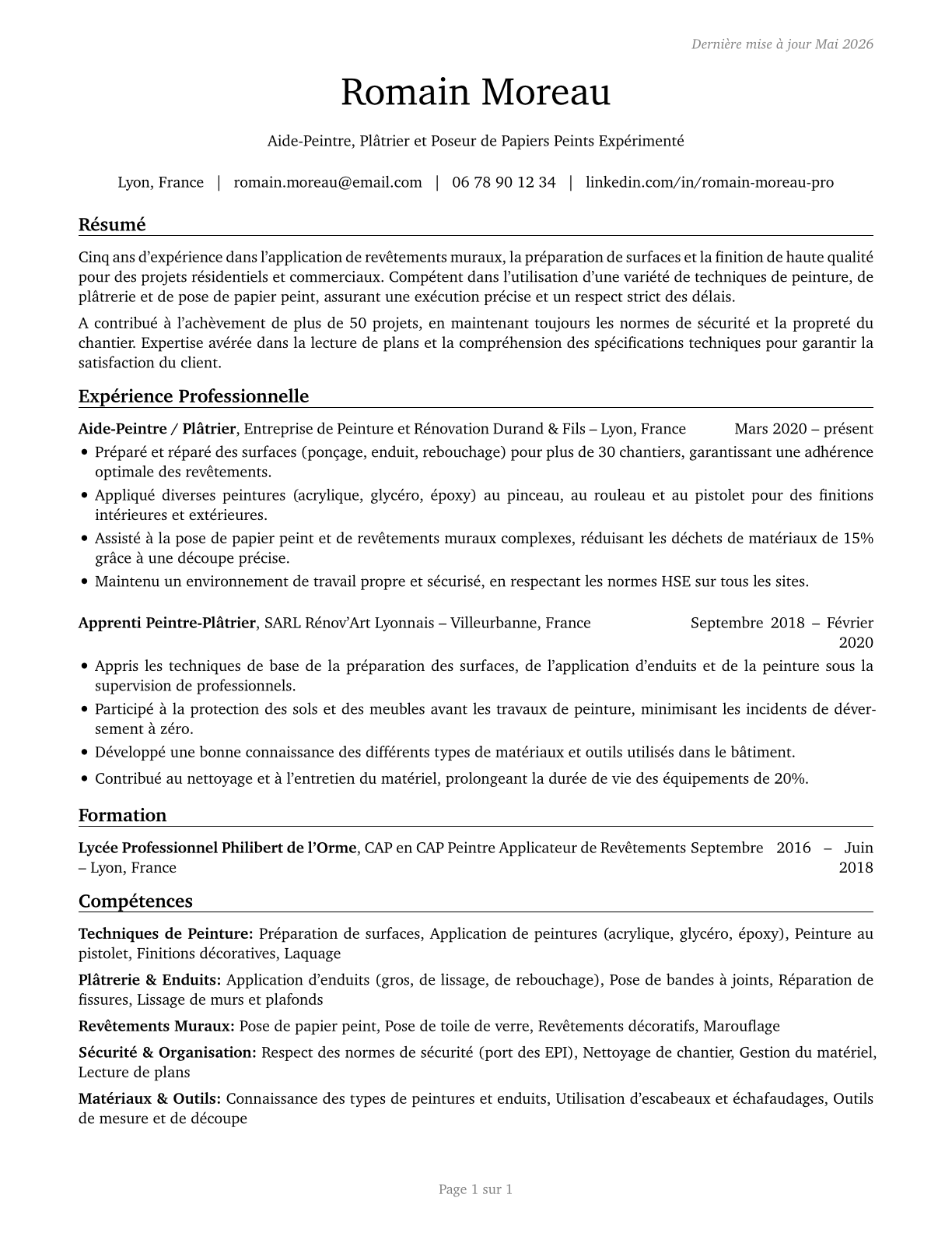 Helpers--Painters, Paperhangers, Plasterers, and Stucco Masons CV in French — page 1