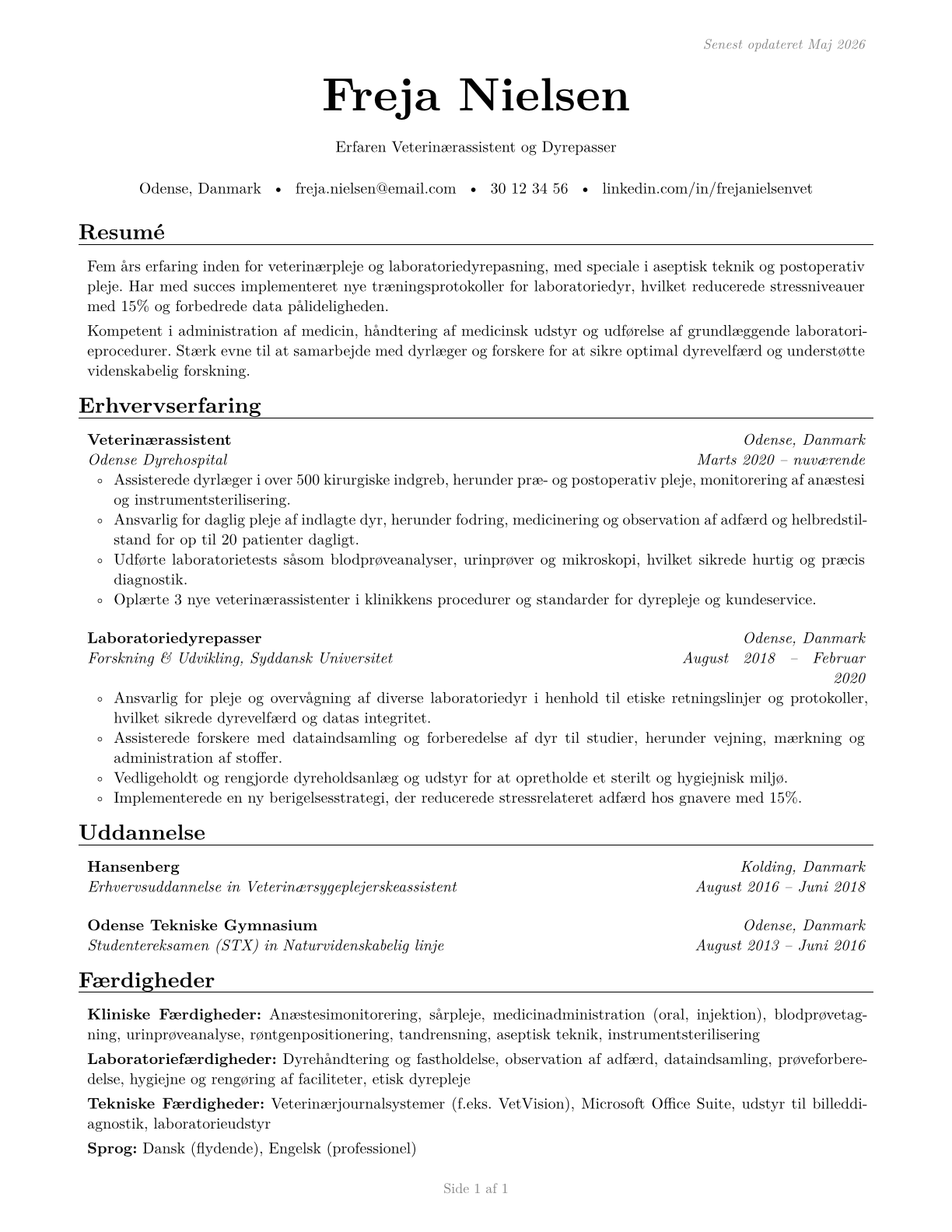 Veterinary Assistants and Laboratory Animal Caretakers CV in Danish — page 1