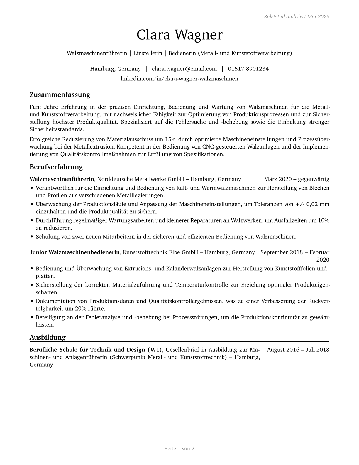 Rolling Machine Setters, Operators, and Tenders, Metal and Plastic CV in German — page 1