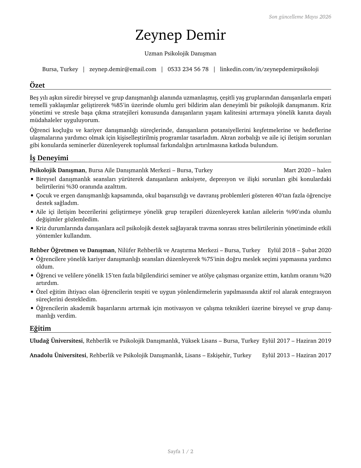 Counselors, All Other CV in Turkish — page 1