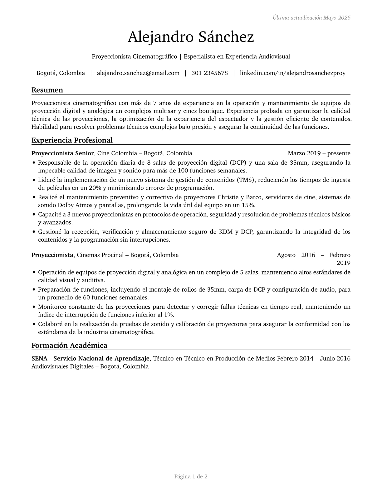 Motion Picture Projectionists CV in Spanish — page 1