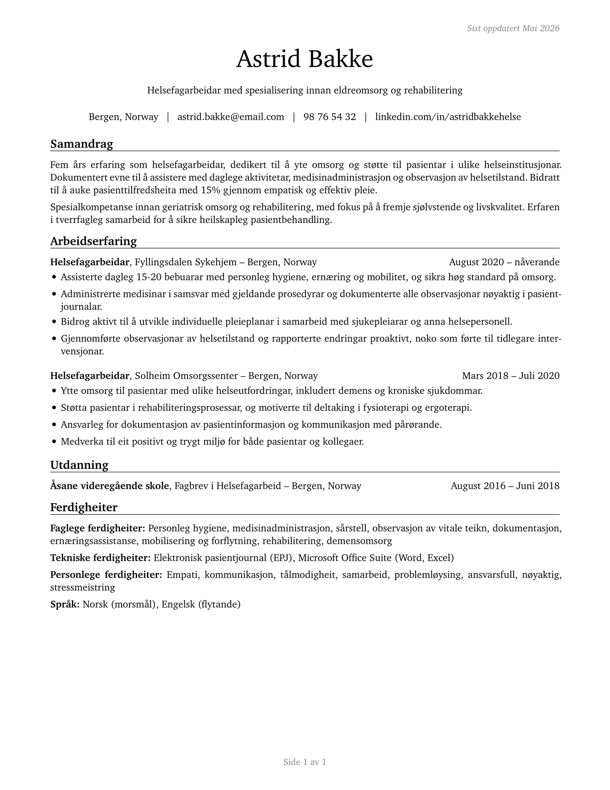 Healthcare Support Workers, All Other CV in Norwegian_nynorsk — page 1