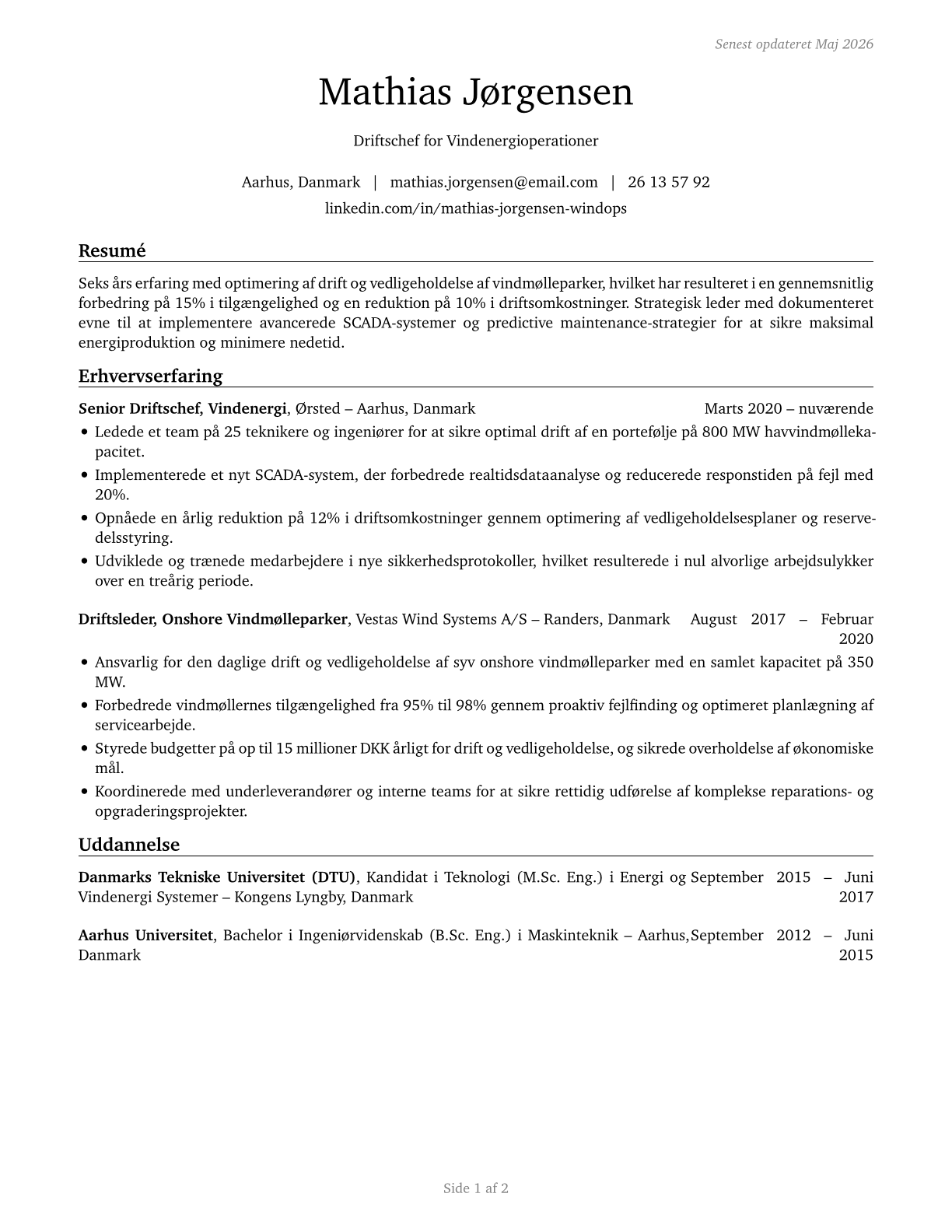 Wind Energy Operations Managers CV in Danish — page 1