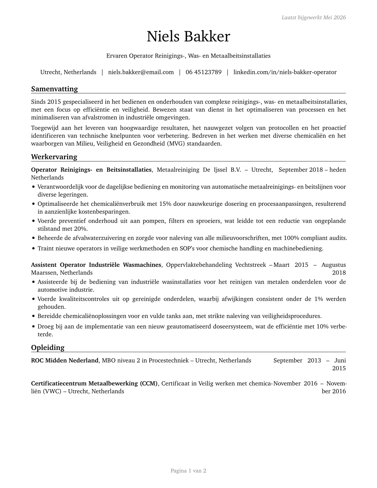 Cleaning, Washing, and Metal Pickling Equipment Operators and Tenders CV in Dutch — page 1