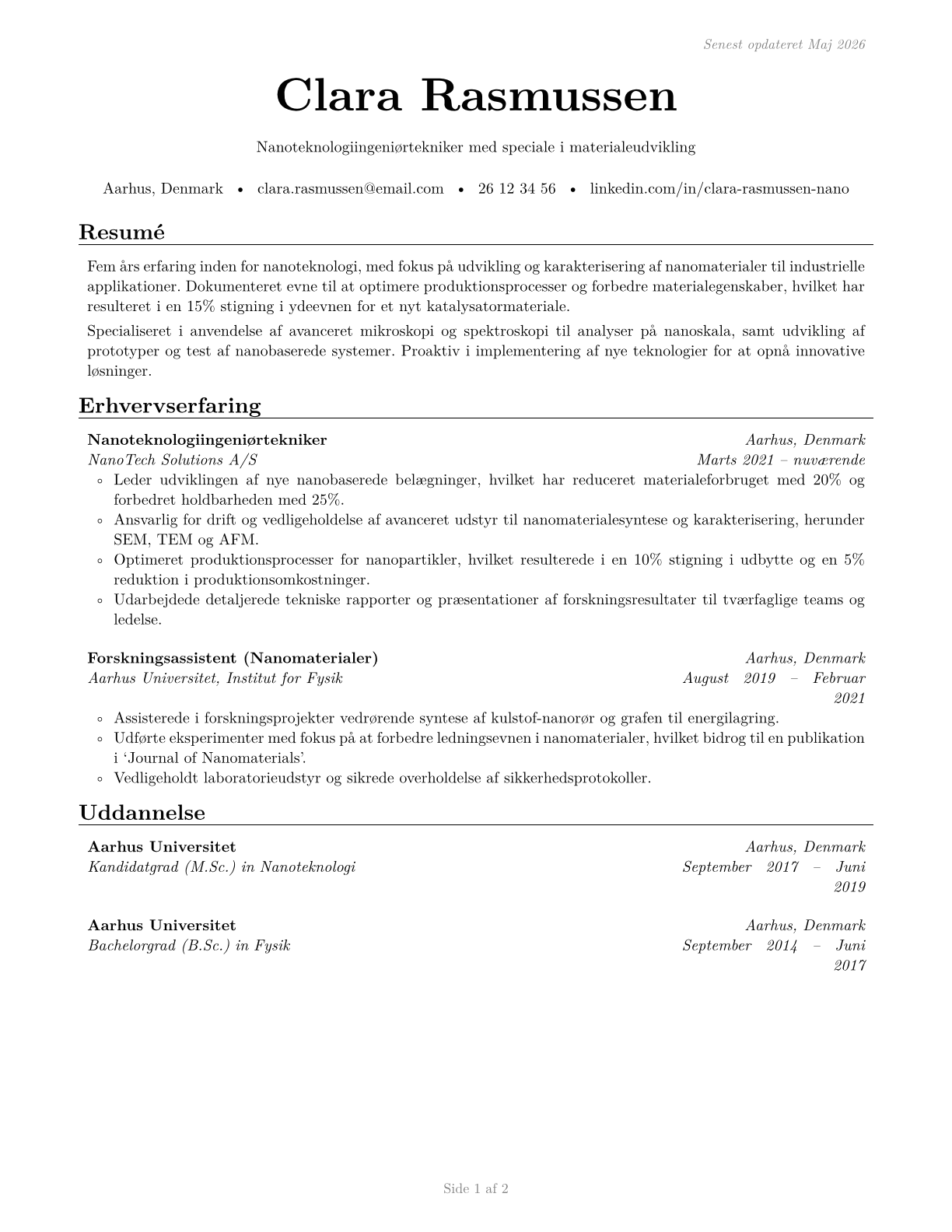Nanotechnology Engineering Technologists and Technicians CV in Danish — page 1
