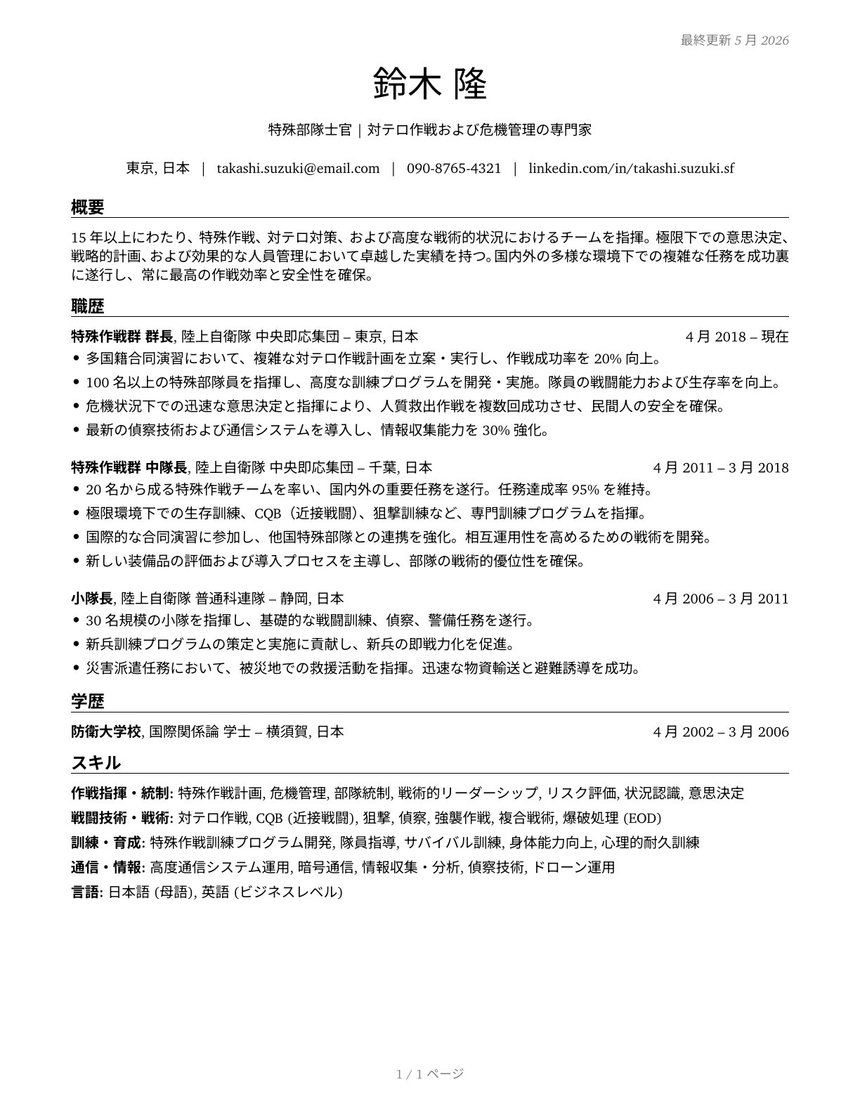 Special Forces Officers CV in Japanese — page 1