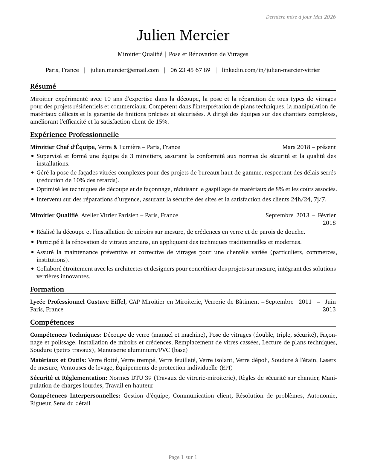 Glaziers CV in French — page 1