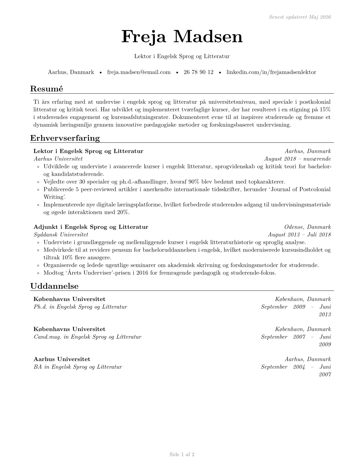 English Language and Literature Teachers, Postsecondary CV in Danish — page 1