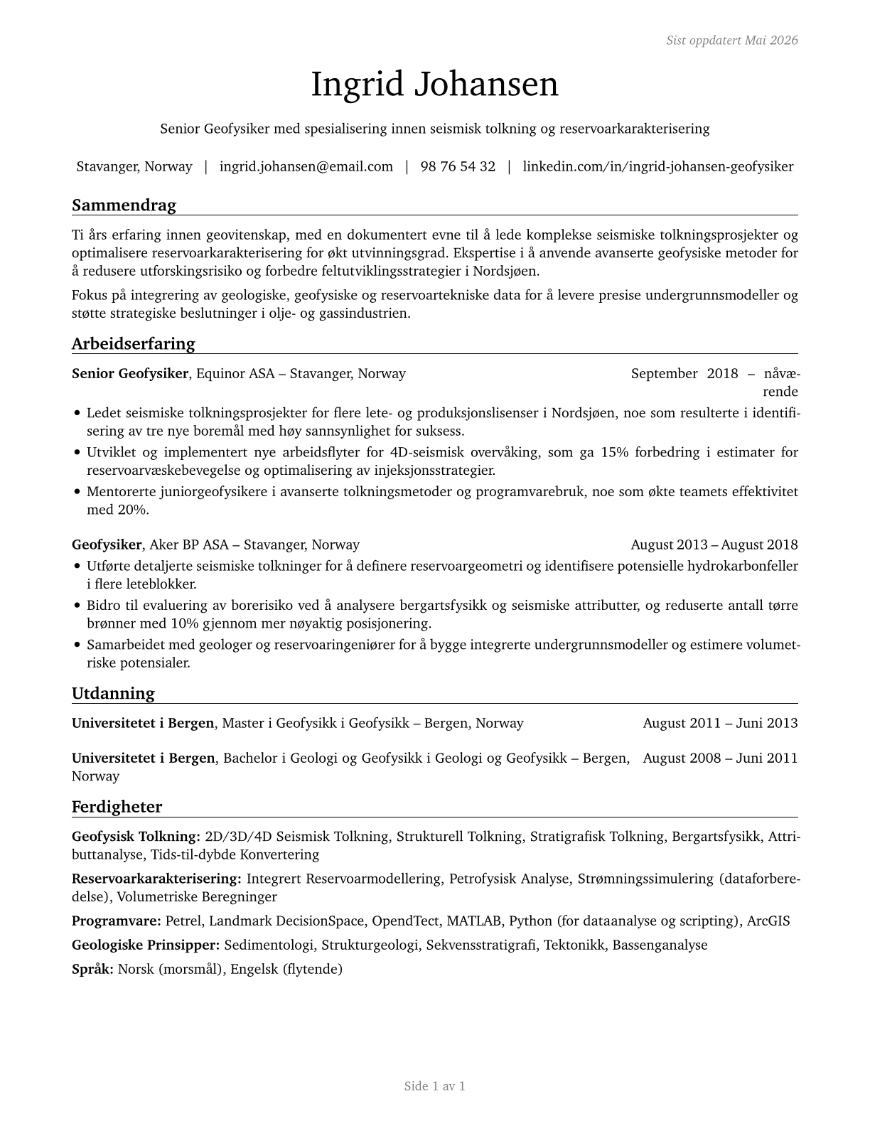 Geoscientists, Except Hydrologists and Geographers CV in Norwegian_bokmal — page 1