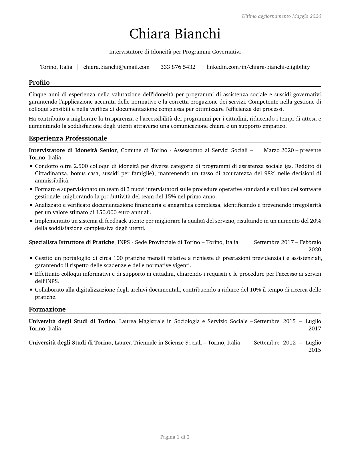 Eligibility Interviewers, Government Programs CV in Italian — page 1