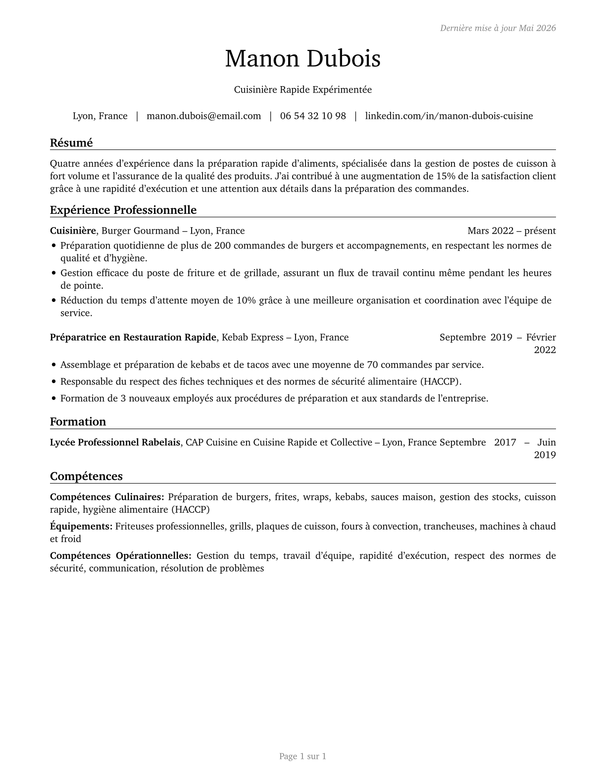 Cooks, Fast Food CV in French — page 1