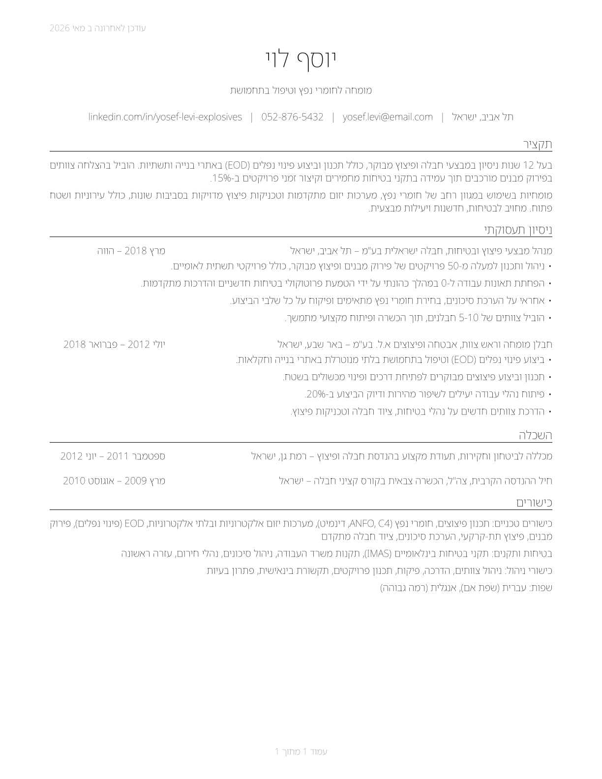 Explosives Workers, Ordnance Handling Experts, and Blasters CV in Hebrew — page 1