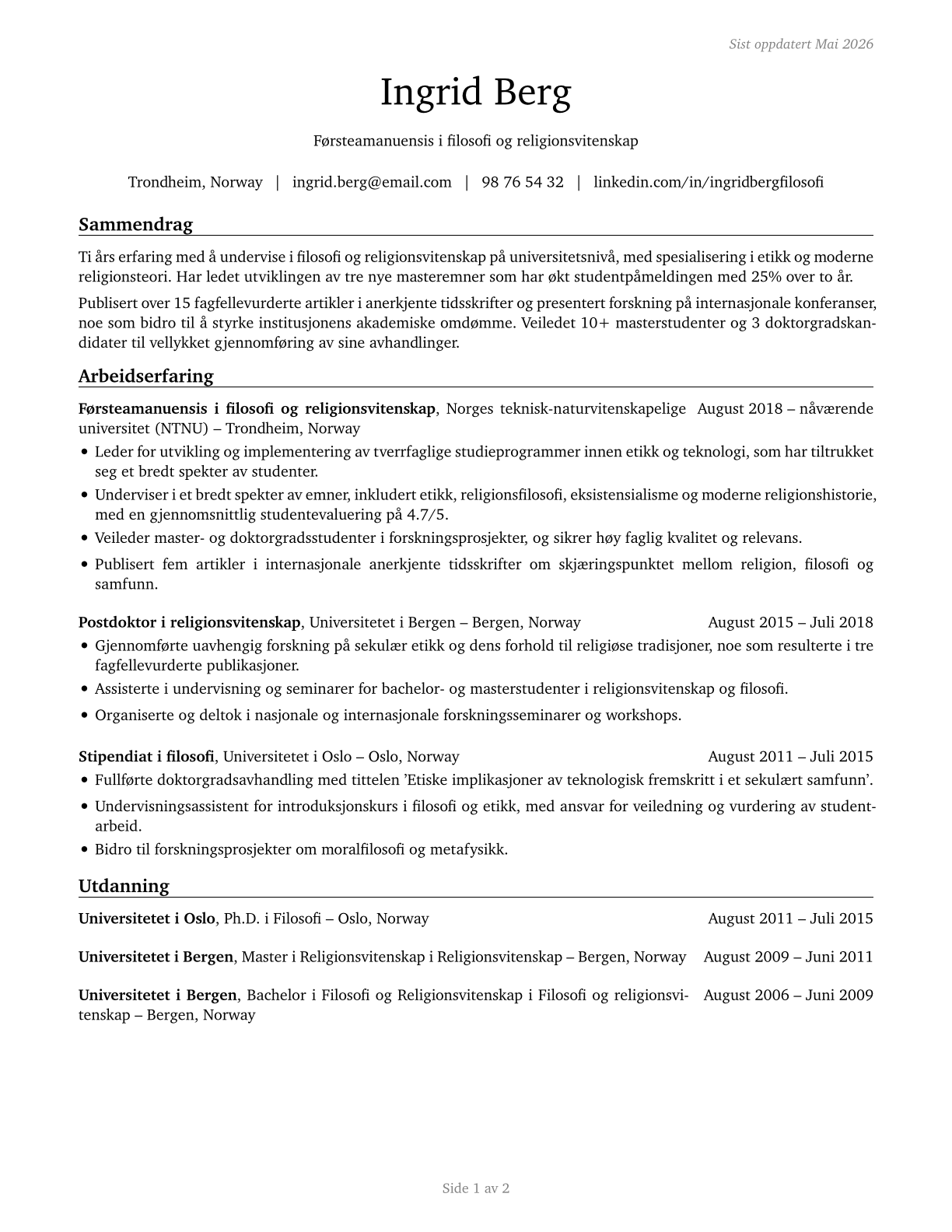 Philosophy and Religion Teachers, Postsecondary CV in Norwegian_bokmal — page 1