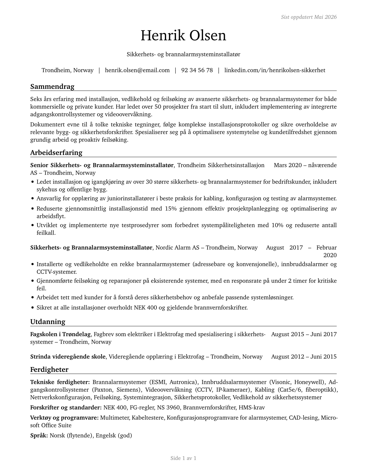 Security and Fire Alarm Systems Installers CV in Norwegian_bokmal — page 1