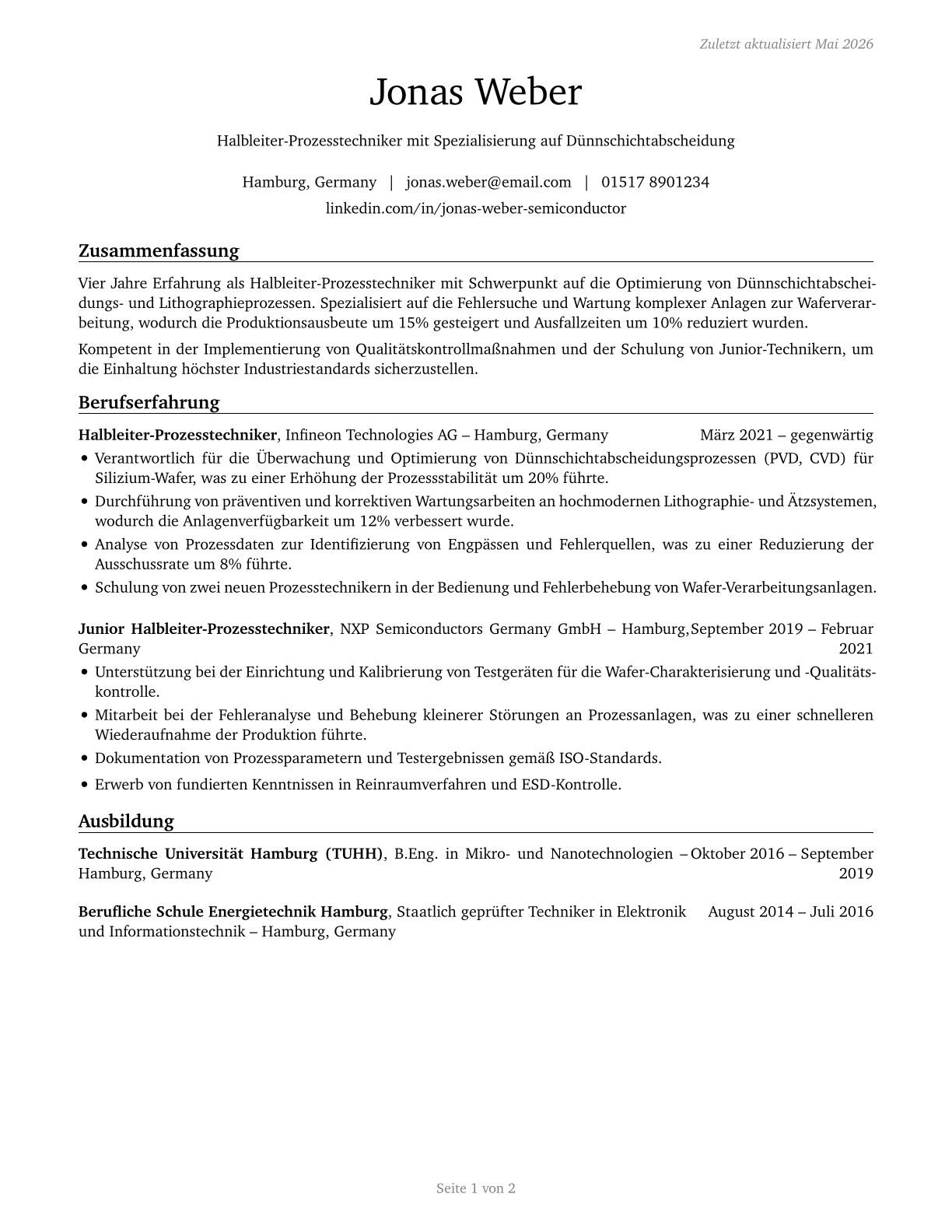 Semiconductor Processing Technicians CV in German — page 1