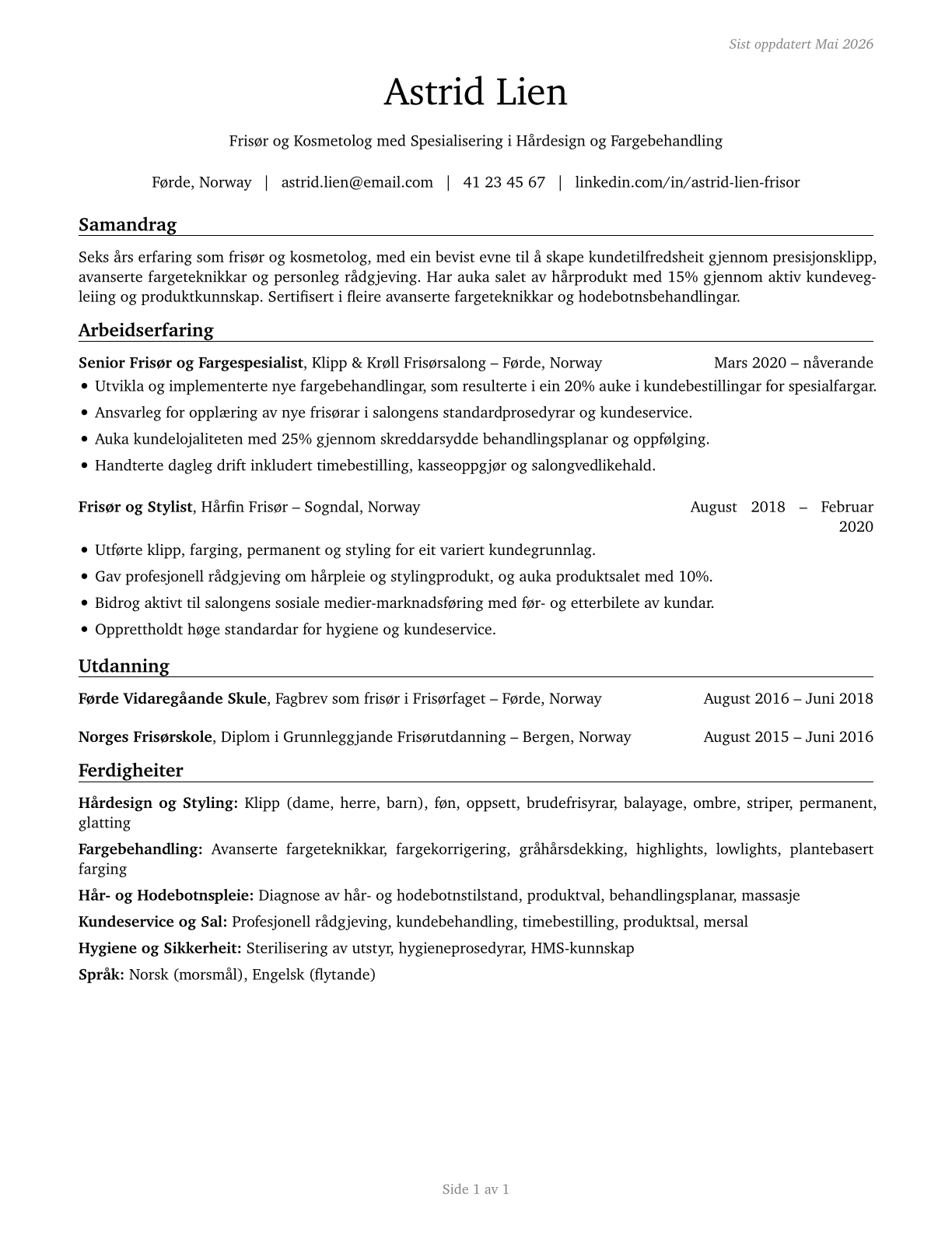 Hairdressers, Hairstylists, and Cosmetologists CV in Norwegian_nynorsk — page 1