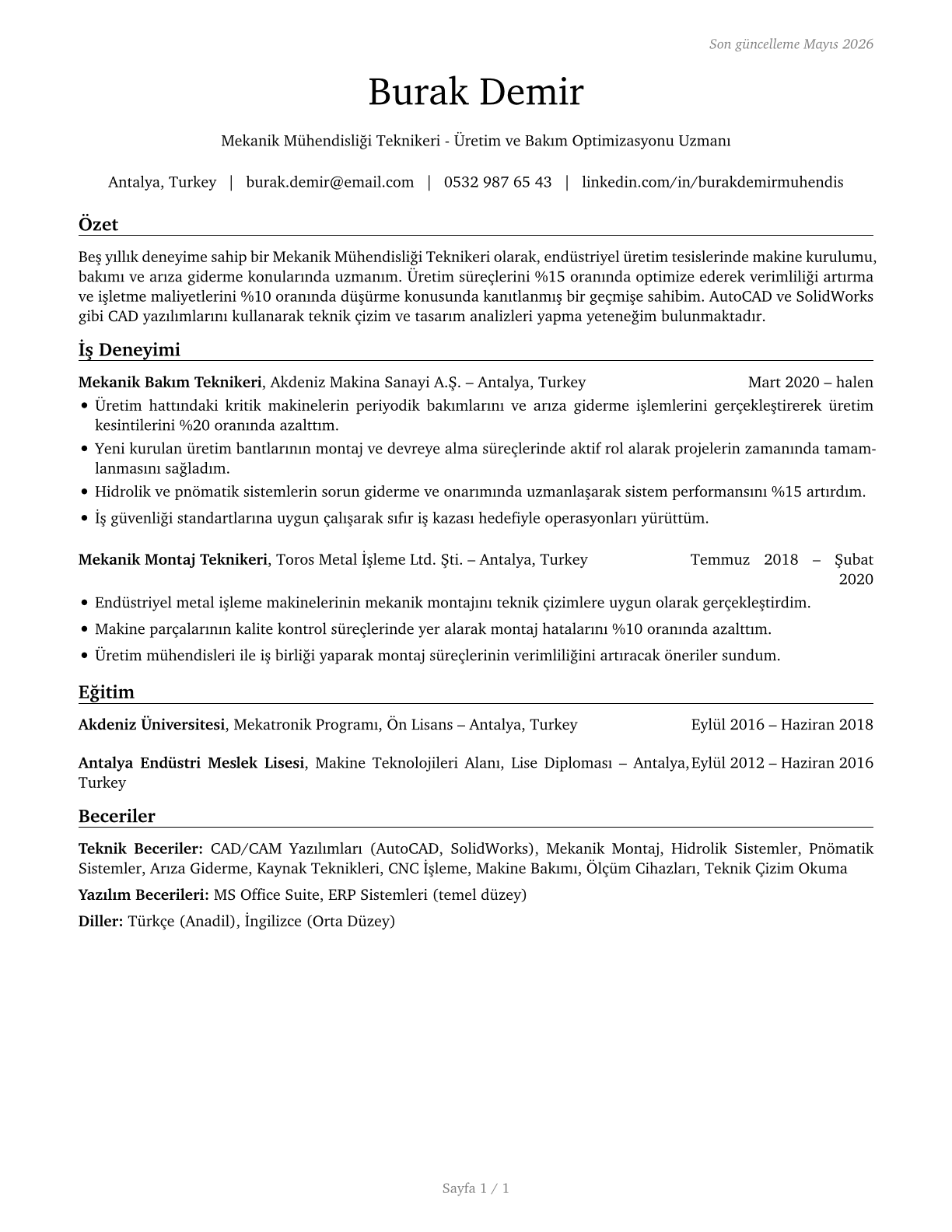 Mechanical Engineering Technologists and Technicians CV in Turkish — page 1