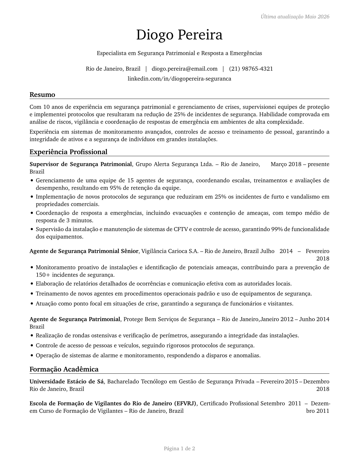 Protective Service Workers, All Other CV in Portuguese — page 1